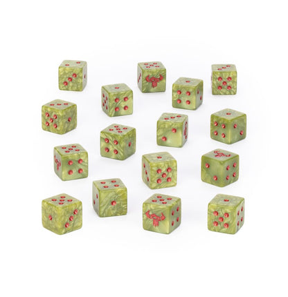 Sixteen green marbled D6 dice with red pips and red Ork skull glyphs