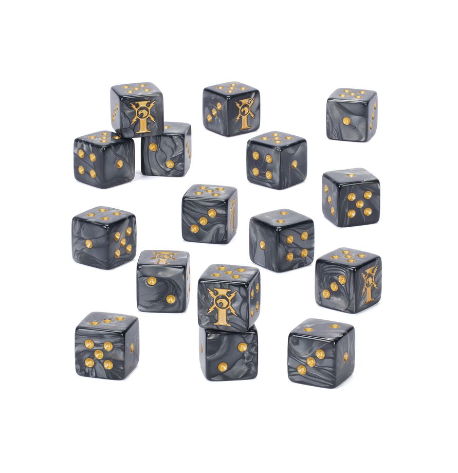 A set of black marbled dice with gold-colored symbols and gold pips, arranged on a plain white background.