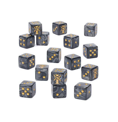 A set of black marbled dice with gold-colored symbols and gold pips, arranged on a plain white background.
