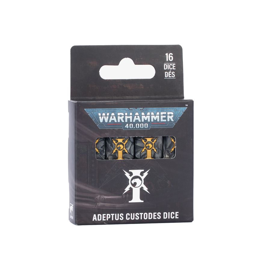 Pack of 16 Warhammer 40,000 Adeptus Custodes dice in their original retail packaging, featuring a black box with blue and white branding.
