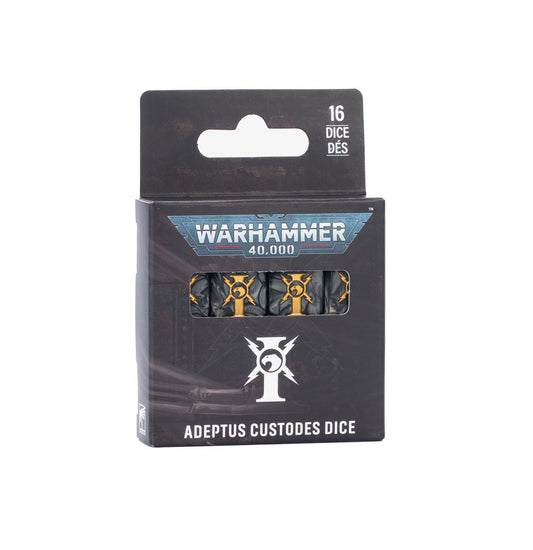 Pack of 16 Warhammer 40,000 Adeptus Custodes dice in their original retail packaging, featuring a black box with blue and white branding.