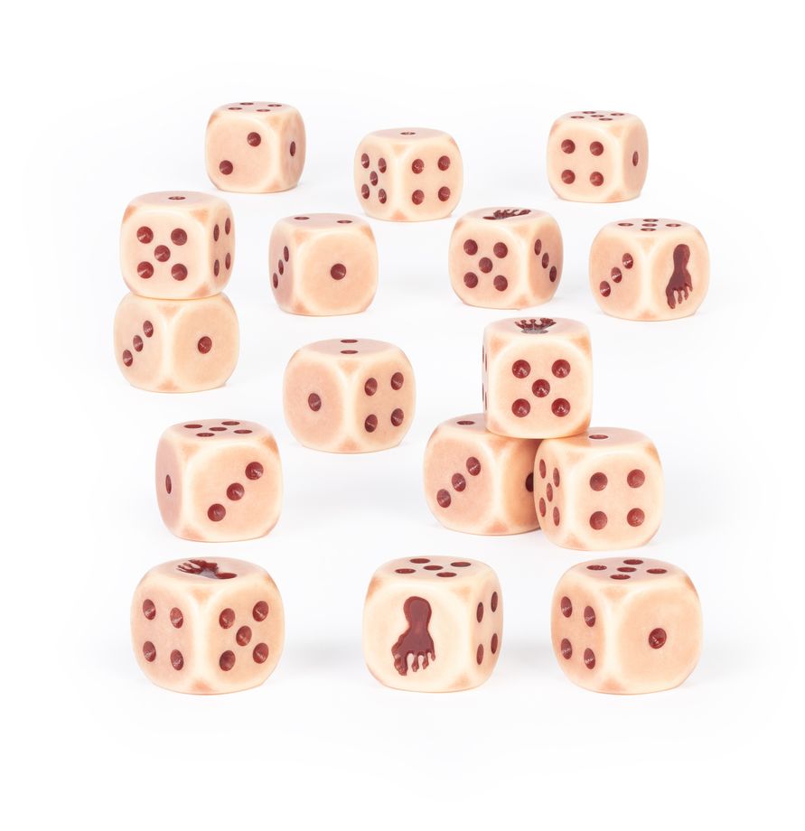 A set of 16 Sons of Behemat themed dice, beige with red pips and a foot symbol to show the 6