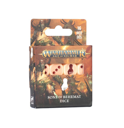 Warhammer Age of Sigmar Sons of Beheimat dice box containing 16 beige dice with red pips, shown on a plain white background.