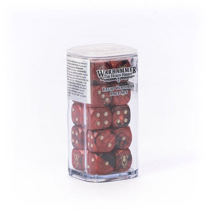 Warhammer The Horus Heresy Legio Custodes dice set in its clear retail case, red marbled D6 with gold pips. 20 dice.