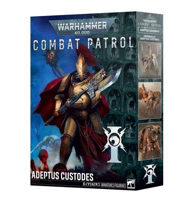 Warhammer 40,000 Combat Patrol Adeptus Custodes miniatures figures box set, featuring a detailed illustration of an armored warrior holding a sword on the front of the packaging.