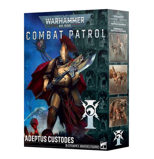 Warhammer 40,000 Combat Patrol Adeptus Custodes miniatures figures box set, featuring a detailed illustration of an armored warrior holding a sword on the front of the packaging.