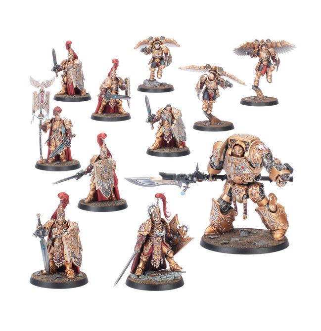 A set of painted fantasy tabletop gaming miniatures on a plain white background. The collection includes armored warriors, winged angels, and a large power armor warrior with a large sword, all mounted on round bases.