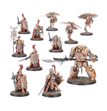 A set of painted fantasy tabletop gaming miniatures on a plain white background. The collection includes armored warriors, winged angels, and a large power armor warrior with a large sword, all mounted on round bases.
